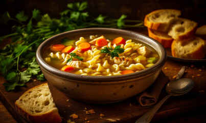 Sticker - Bowl of chicken noodle soup on cutting board next to bread. Generative AI.