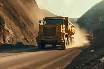 Wall Mural - Large quarry dump truck. Transport industry. A mining truck is driving along a mountain road. Quarry truck carries coal mined. Generative Ai