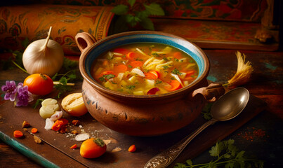 Poster - Bowl of soup with carrots, onions, and parsley on table. Generative AI.