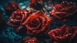 Red rose flower with water raindrops, generative ai