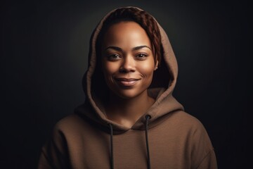 Portrait of smiling african american woman in hoodie on dark background