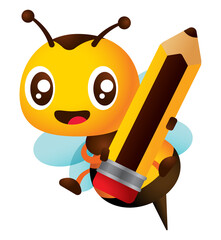 Wall Mural - Cute honey bee cartoon holding a big pencil for education back to school theme character illustration