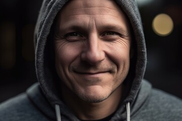 Portrait of a man in a hood on a dark background.