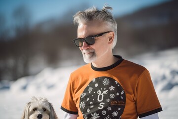 Wall Mural - Handsome middle-aged man in sunglasses with a dog in his arms