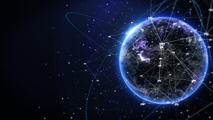 Aufkleber - Abstract digital realistic of 3d rendering earth with data low poly number, flare ring, futuristic line illustration background. Concept of global business and technology.