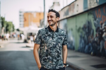 Portrait of a handsome young man with trendy hairstyle and beard, dressed in a short sleeve shirt, posing on the street.