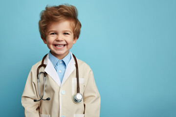 Wall Mural - Studio portrait of a child wearing a doctor uniform with stethoscope. Generative ai