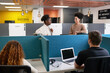© Meeko Media - Four diverse coworkers in a modern open plan office, desk dividers, creative