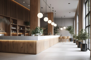 Contemporary Reception Counter Design. Stylish and Functional Lobby Area with Modern Interior in White and Wood. AI Generative