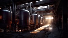 Abandoned, Forgotten Brewery, Old Damaged Factory, Daylight. Generative AI Industrial Interior.