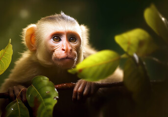 tropical capuchin animal, bright wildlife, vibrant blured background, generative ai