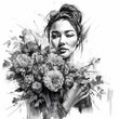 Woman and flowers - Charcoal drawing - Generative AI