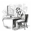 Tired man sitting in front of computer - Charcoal drawing