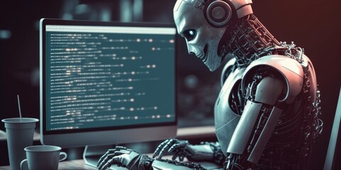 Wall Mural - artificial intelligence robot using computer software for gpt binary coding. distinct generative ai 