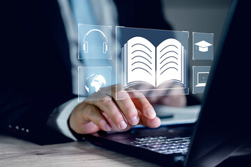 Fototapete - E-learning education, internet lessons and online webinar. Person who attends online lessons on a digital screen. Education internet Technology. video tutorial, Training Seminar.