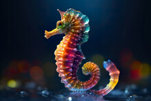 Beautiful Rainbow Colored Sea Horse Underwater, Small Multicolor Fantasy Creature, AI Generative Generative AI