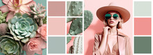 Fashion Collage. Social Media Template. Pastel Pink And Mint Colors. Trendy Boho Style Dressed Woman And Succulents