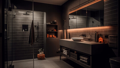 Sticker - Luxury domestic bathroom with marble flooring and elegant lighting generated by AI