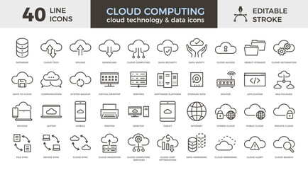 Wall Mural - 40 vector thin line icons related with cloud computing, technology, infrastructure and data. editabl