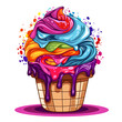 Rainbow appetizing ice cream in a waffle cup over white background, vector pop art comic illustration