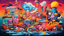 Surreal, Colorful And Dynamic Composition With Fun And Entertaining Elements In A Happy Fantasy Landscape View. Abstract Artwork Generative AI
