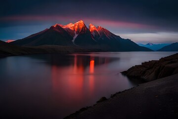 Wall Mural - a red moon rising over a mountain with a red sky. generative ai
