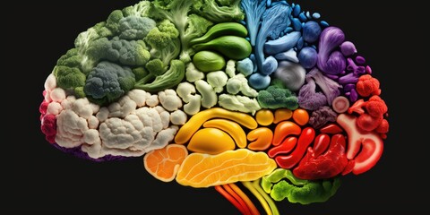 Wall Mural - Human brain made of variety of vegetables in concept of healthy food for health care. distinct generative AI image.