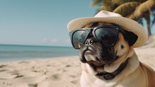 Cute Pug In The Straw Hat And Modern Sunglasses Chilling On The Palm Beach, Vacation Illustration With Copy Space, Generative AI