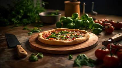 Homemade pizza with tomatoes and basil, generative AI.