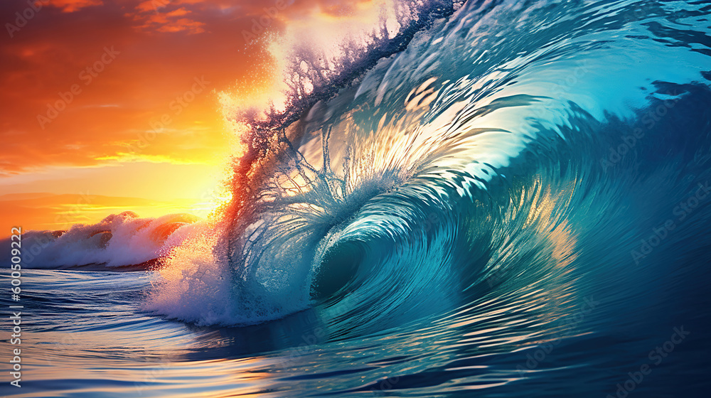 Blue Ocean Wave Crashing at Sunrise. Generative Ai Stock Illustration ...