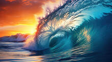 Blue Ocean Wave Crashing At Sunrise. Generative Ai