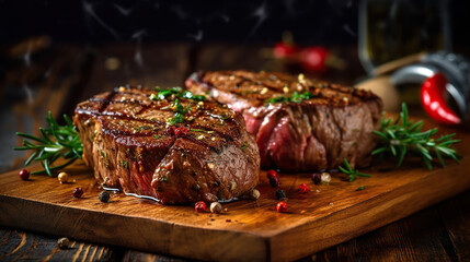 Wall Mural - Fresh grilled meat. Grilled beef steak medium rare on wooden cutting board. Generative Ai