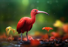 Tropical Scarlet Ibis Bird, Bright Wildlife, Vibrant Blured Background, Generative AI