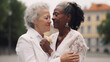 © Roman - Old women lesbian couple. marrage Black and Caucasian female bride in love. LGBT pride month celebration generative ai
