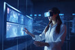 © Roman - Office worker woman in vr helmet. Female using Virtual reality display in office tasks generative ai.