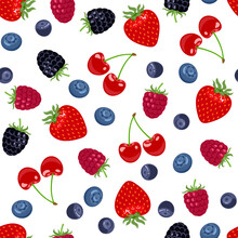 Berry Background. Seamless Pattern With Strawberry, Blueberry, Bilberry, Raspberry And Blackberry. Vector Cartoon Flat Illustration.