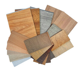 collection of wooden interior material samples swatch contains vinyl flooring tiles, engineering flooring tiles, laminated, veneer isolated on background with clipping path. multi color and texture.