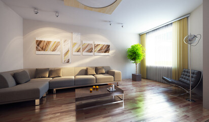 Wall Mural - modern interior with couch and picture on the wall, 3d render