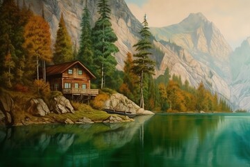 Wall Mural - a picture of a log cottage situated on a lake in the mountains Generative AI