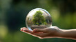 Earth crystal glass globe ball and growing tree in human hand. Earth Day Concept. Generative Ai