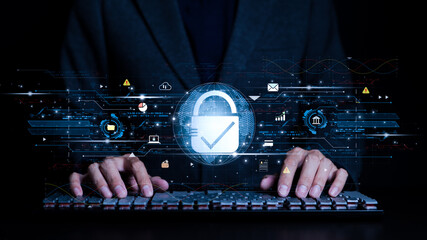 cybersecurity and privacy concepts to protect data. padlock icon and internet network security techn