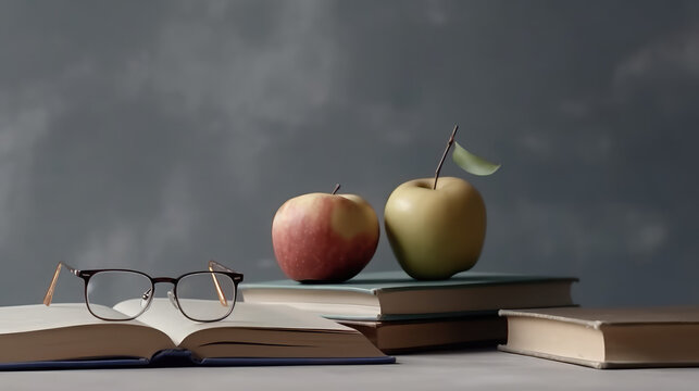 Teachers: The Foundation of Knowledge. Empty Background with Books, Glasses, and a Fruit for Teacher Appreciation Day. Copy Space AI Generative.
