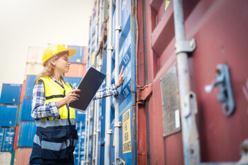 Women Engineer wears PPE checking container storage with cargo container background at sunset. Logistics global import or export shipping industrial concept.