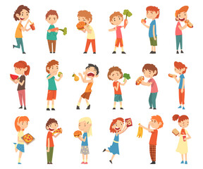 Sticker - Little Kids Loving Fastfood and Rejecting Eating Healthy Food Big Vector Set