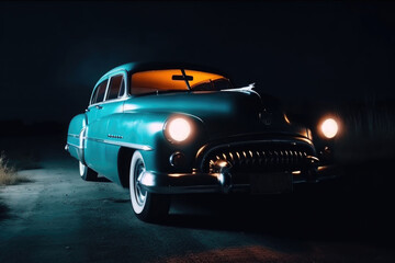 Wall Mural - classic retro car at night with glowing headlamps. american vintage vehicle with colorful illuminati