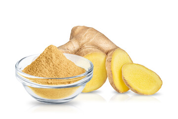 Poster - Ginger isolated on white background. Dry ground ginger powder and slices of fresh ginger root