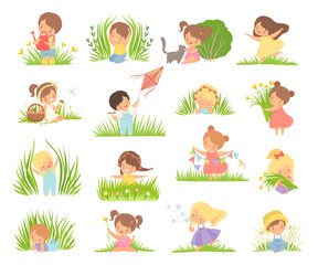 Poster - Cute Little Boy and Girl Playing on Green Meadow Grass Big Vector Set