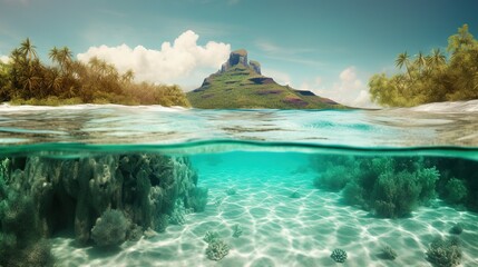 Wall Mural - a perspective of a tropical island seen from under the waves of the ocean Generative AI