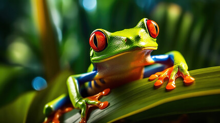 Red Eyed Tree Frog on a Leaf with blurred Background. Generative Ai