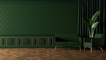 Furniture in modern and art deco style. Armchair and sofa on a green background. 3d render illustration mock up.